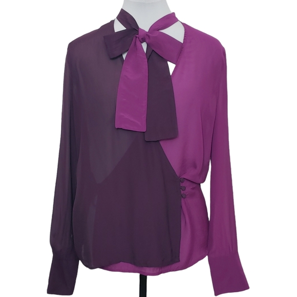 MANGO 2 tones sheer wrap bow tie long sleeves blouse - Picture 5 of 16